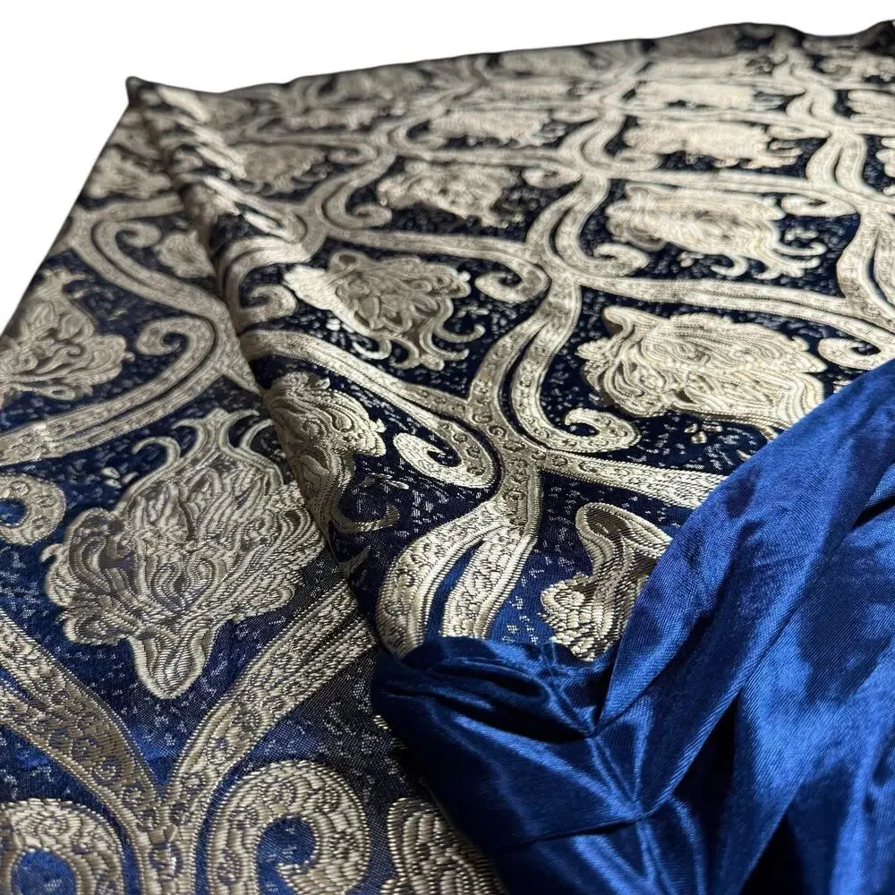 Single Gold Blue Jacuard Curtain Panel Damask Printed Attached Valance Luxury